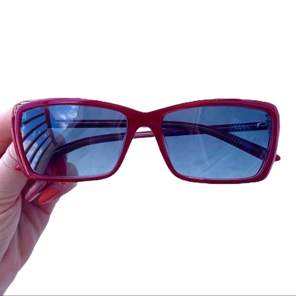 Esprit Red Rectangle Sunglasses Y2K Retro 90s Slim Cat Eye Blue Lens NWT - Picture 2 of 7